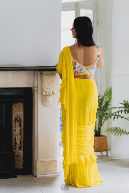 Ciana Yellow Stitched Sari - Image 2