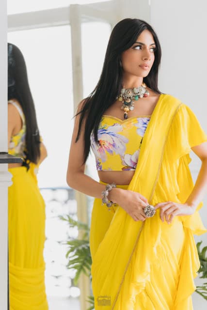 Ciana Yellow Stitched Sari - Image 5