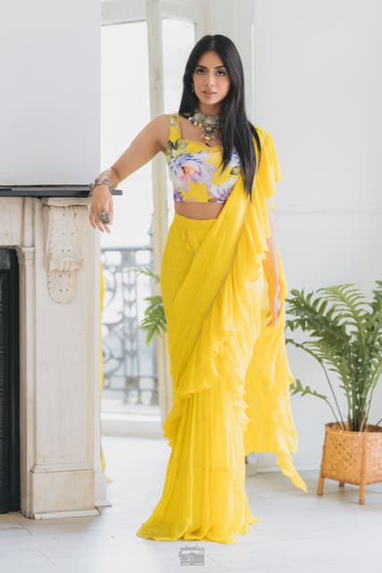 Ciana Yellow Stitched Sari - Image 3